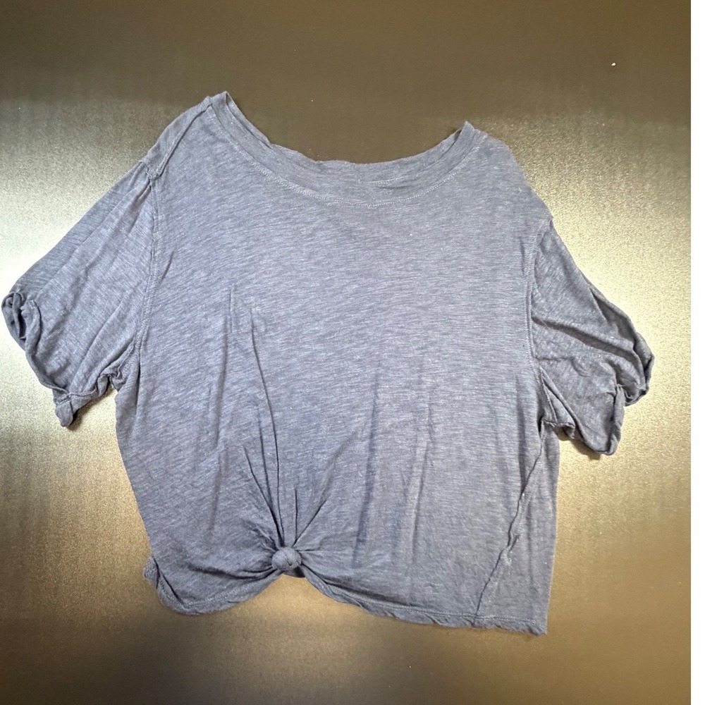 ALYA Womens Navy Blue Front Knot Slub Knit Crop Top Short Sleeve Size Small J9